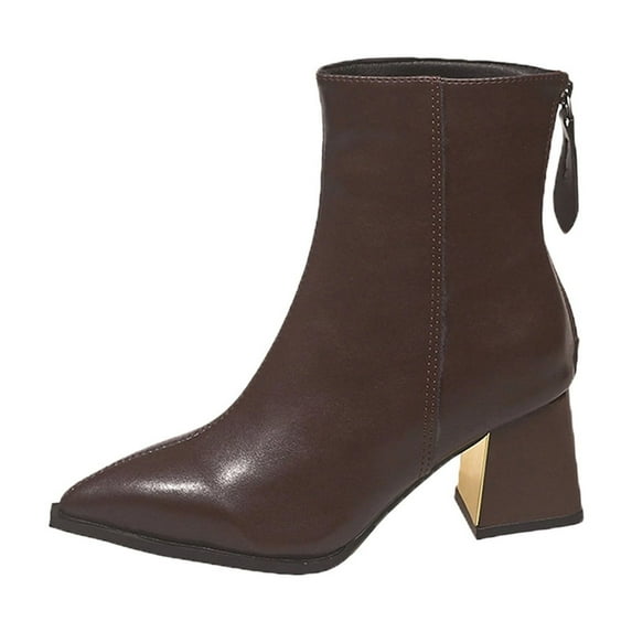 Brown Ladies Short Boots With Pointed Toe And Metal Heel Rear Zipper ...