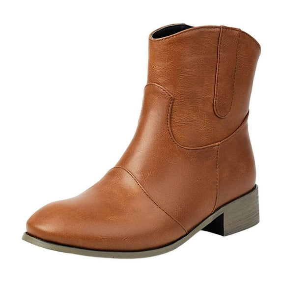Brown Ladies Solid Color Short Boots With Chunky Low Heel Design For Winter Casual And Outdoor Use