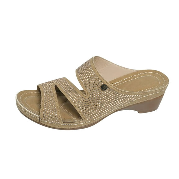 Brown Ladies Solid Color Slippers With Round Toe Open Toe For Daily Errands Rhinestone One-Line Thick Bottom Wedge Heel Pu Construction