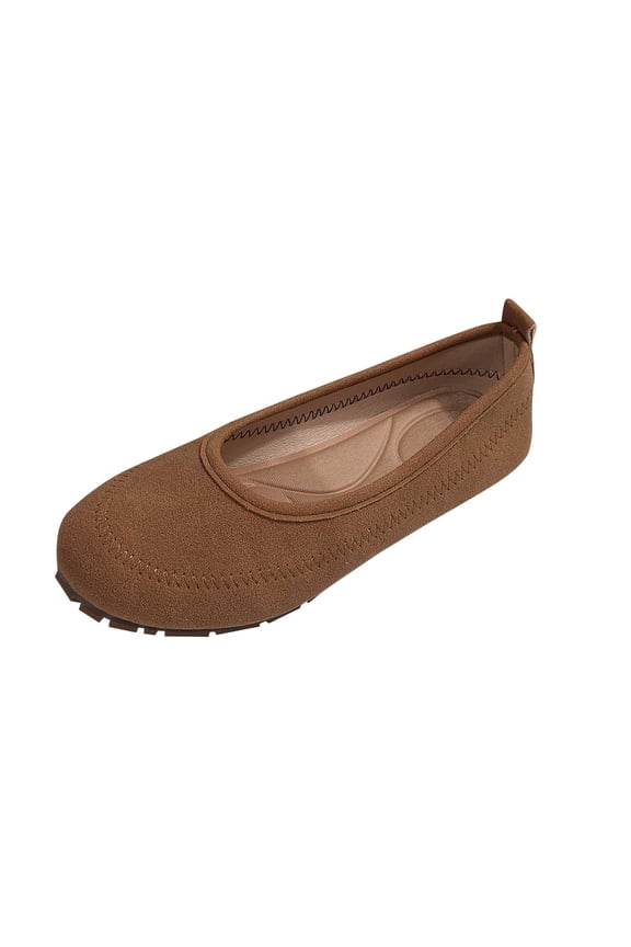 Brown Ladies Summer Flats Suede Round Toe Slip-On Shallow Mouth Casual Lightweight Comfort Footwear