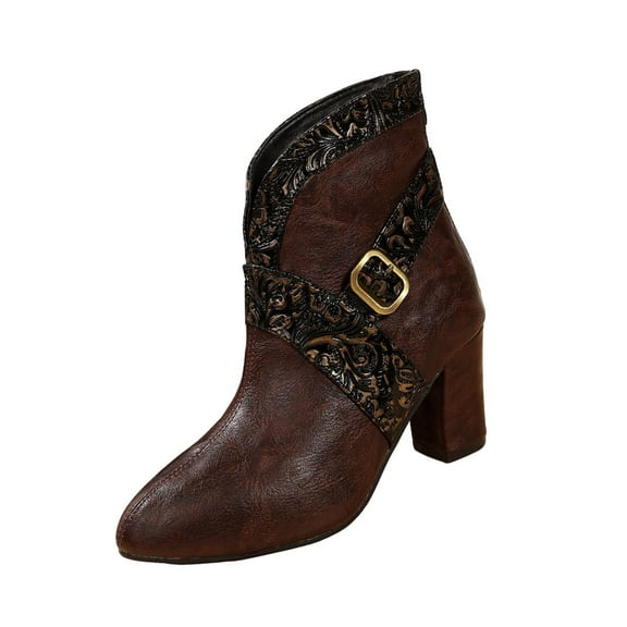 Brown Ladies Thick Heel Ankle Boots With Carved Patterns For A Unique And Trendy Appearance