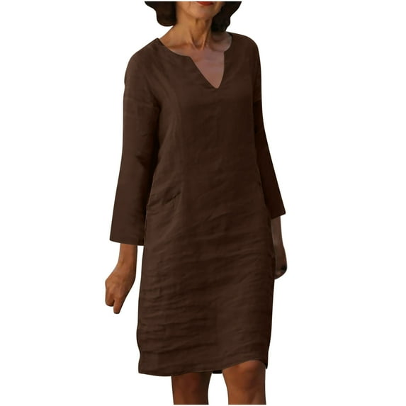 Brown Ladies V Neck Faux Linen Dresses Casual Dresses for Women Long Sleeve Loose Fit Thin Basic Midi Knee Length Summer Fall Dresses 2025 Soft Comfy Clothes Y2K S