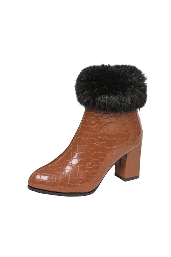 Brown Ladies Winter Ankle Boots With Mid Heel Pointed Toe Closed Comfortable Fleece Lined Casual Outdoor Indoor Plus Size Short Boots