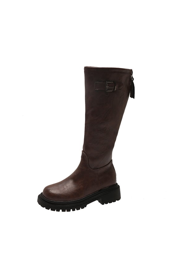 Brown Ladies Winter Knee-High Tall Boots Round Toe Back Zipper Solid Color Chunky Low Heel Non-Slip Stable Casual Daily Wear Footwear Size 42