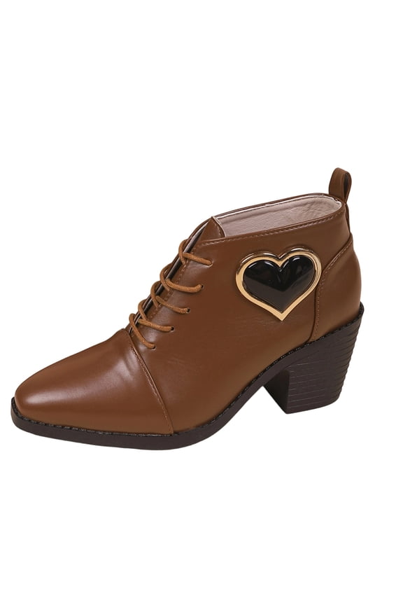 Brown Ladies Winter Lace Up Ankle Boots Pointed Toe Chunky Heel Heart Detail Solid Color Casual Versatile Office Booties