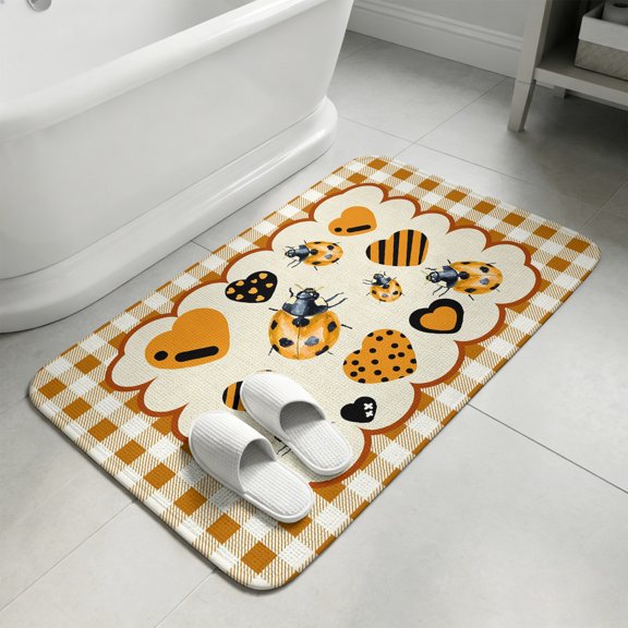 Brown Ladybugs Bathroom Rugs Non Slip Washable Bath Mat Absorbent Front Door Mat Modern Farmhouse Love Heart Checkered Plaid Indoor Doormat for Kitchen Entryway Shower Decor Accessories 15.7"x23.6"