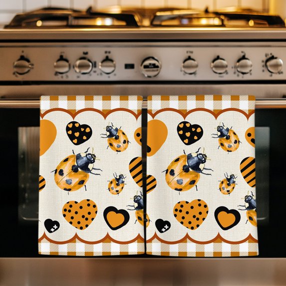 Brown Ladybugs Kitchen Towels Set of 3, Modern Farmhouse Love Heart Checkered Plaid Absorbent Dish Towels for Kitchen, Microfiber Hand Towel, Quick Drying Tea Towel for Cleaning Decorative Dishcloths