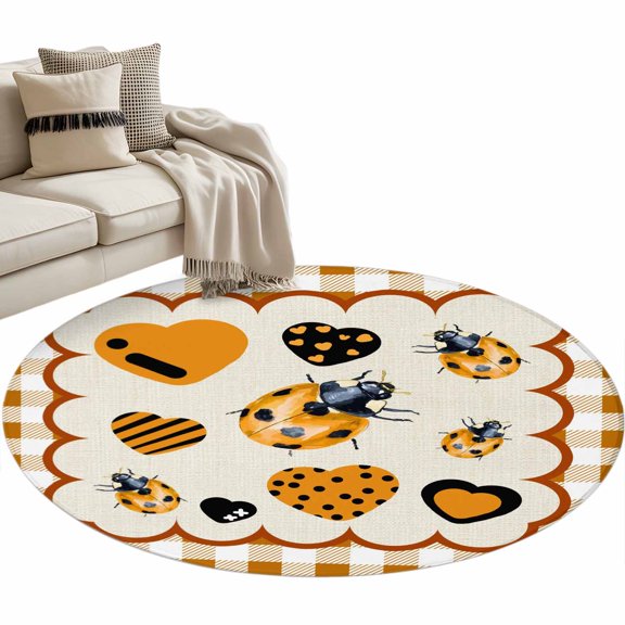 Brown Ladybugs Round Rug 3.3ft Washable Circle Entryway Rugs Non Slip Modern Farmhouse Love Heart Checkered Plaid Area Rug Carpet for Bedroom Kitchen Living Room Home Office Dining Room Nursery