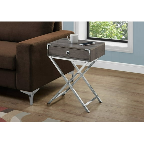 Brown Laminate Coffee Table for Living & Bedroom, Spacious Rectangular Top with One Drawer on Metal Glides & Chrome Legs.