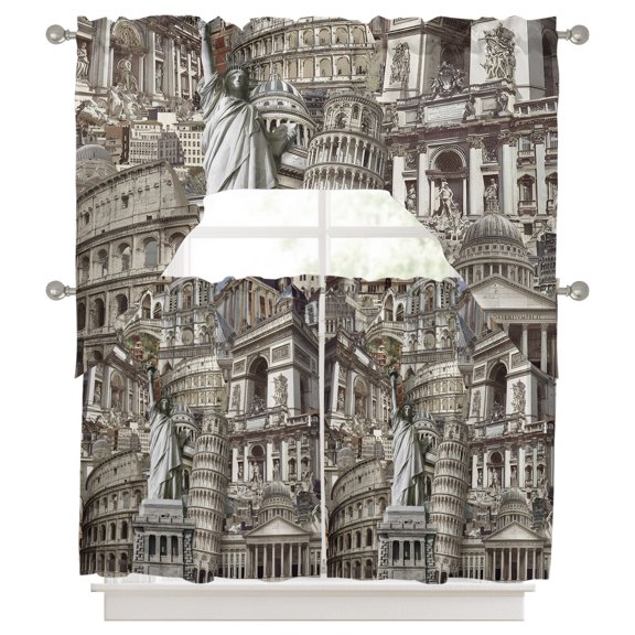 Brown Landmarks Kitchen Curtains Swag Valance and Tier Curtains Set 24 Inch Length, Modern Abstract Global Artwork Rod Pocket Drape Panels Pair Swag Curtains for Bathroom/Cafe/Window