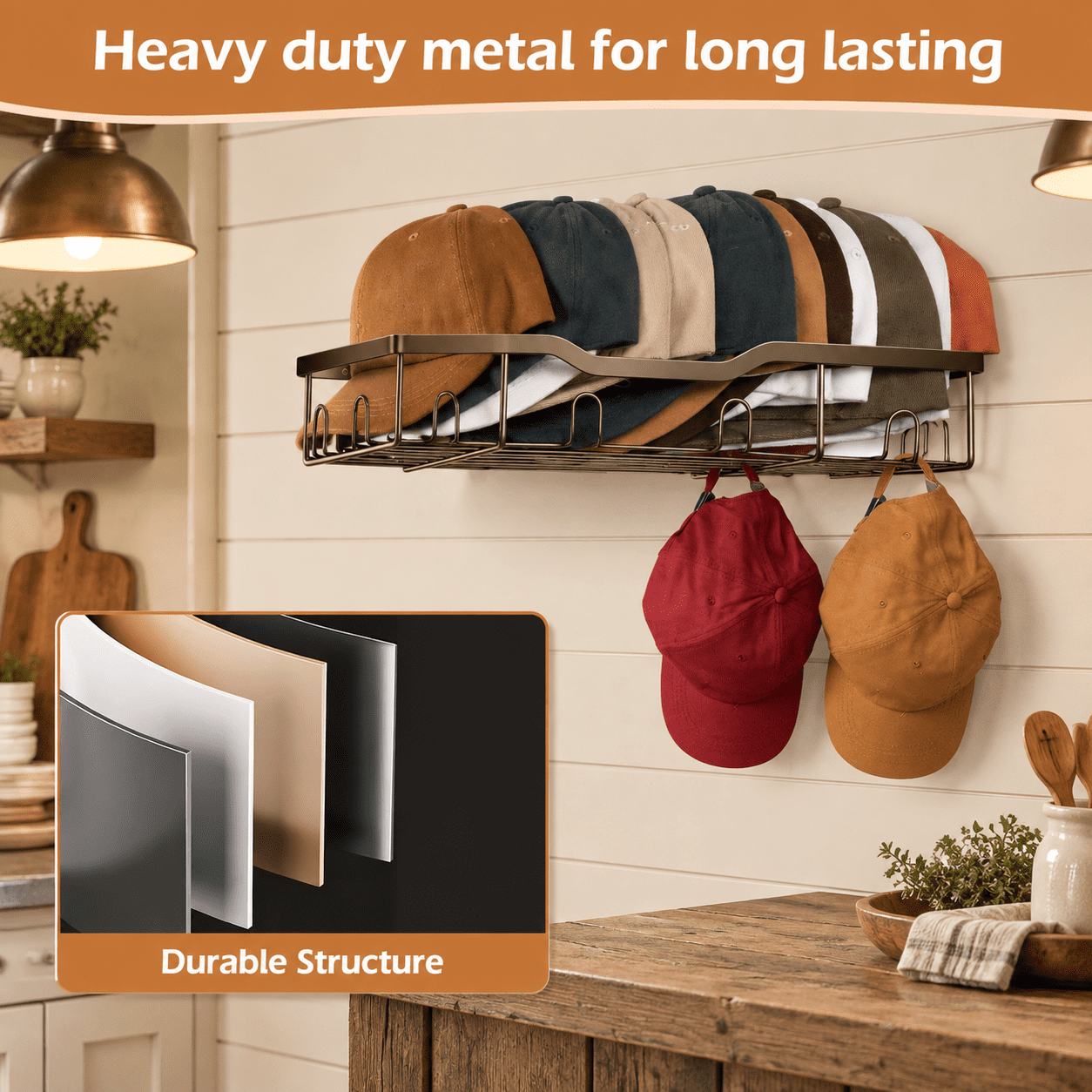 Brown Large Metal Wall-Mounted Hat Rack Organizer Holds Up to 48 Caps ...