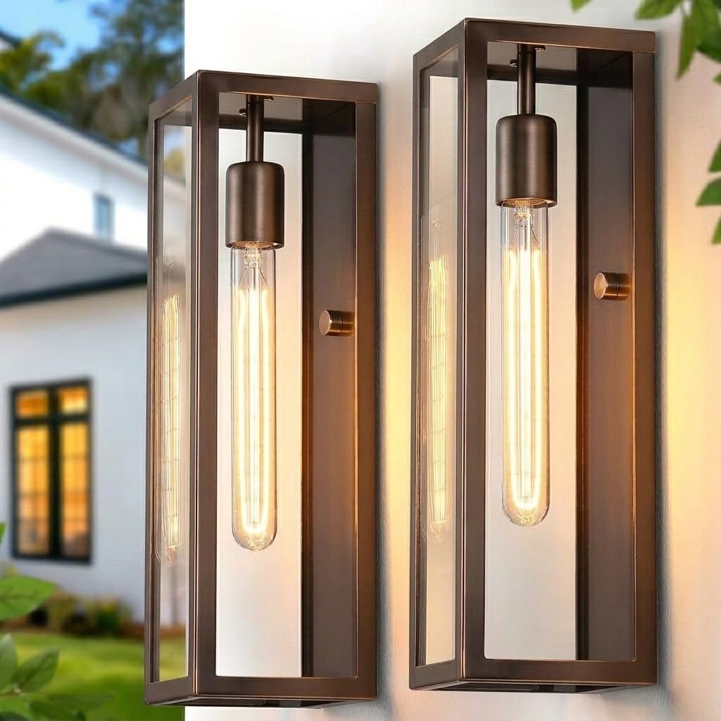 Brown Large Outdoor Wall Light Fixtures 2-pack  Anti-rust Porch Lights With Tempered Glass 16" Modern Farmhouse Black Exterior Lighting Waterproof Sconce For Garage House