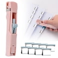 thumbnail image 1 of Brown Large Stapler Pusher with 8 Clips by Dusknt Portable Push Stapler with Reusable Clips Handheld Paper Clam Clip Dispenser 55 Sheet Capacity No Hole Punch Free Binding Tool, 1 of 9
