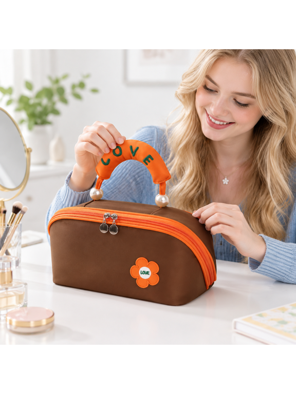 Brown Large Travel Makeup Bag, Clamshell Wide Opening Organizer for Toiletry and Brush Storage