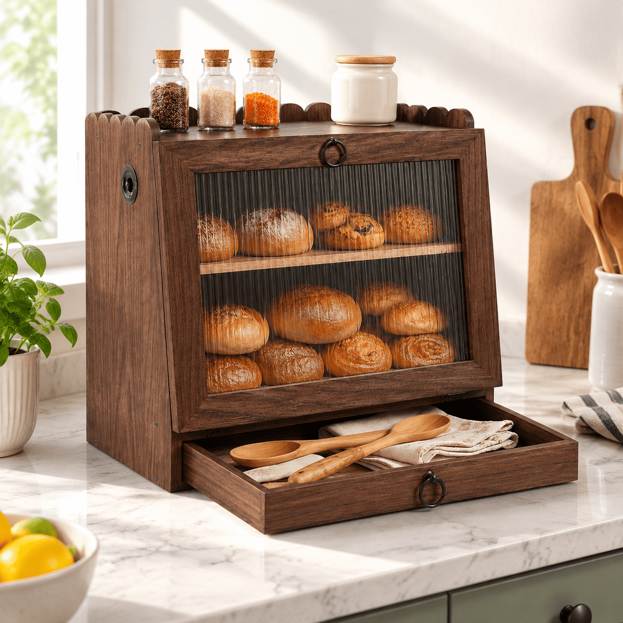 Brown Large Wooden Double Layer Bread Box with Door for Kitchen ...