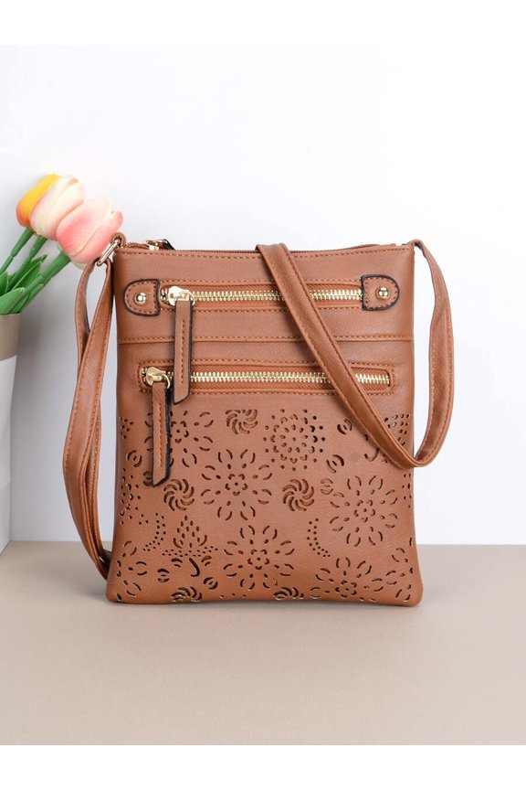 Brown Laser Cut Floral Crossbody Bag With Double Zipper Closure