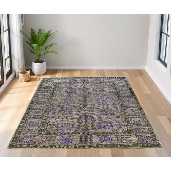 Brown Lavender Premium Handwoven Pure Wool Chobrang Rug, 5ft 0in x 7ft 0in
