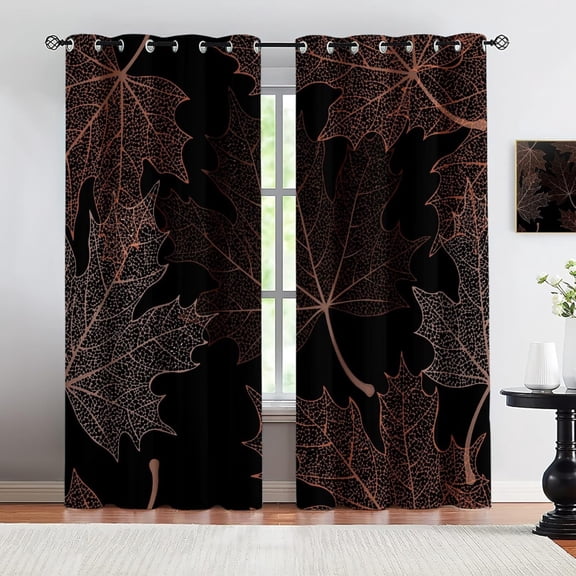Brown Leaf Blackout Curtains, Modern Simple Maple Leaf Curtains For Living Room Bedroom, Thermal Insulation Grommet Curtain For Kitchen Home Decor Drapes - Black 38"W x 45"L (Pack of 2)