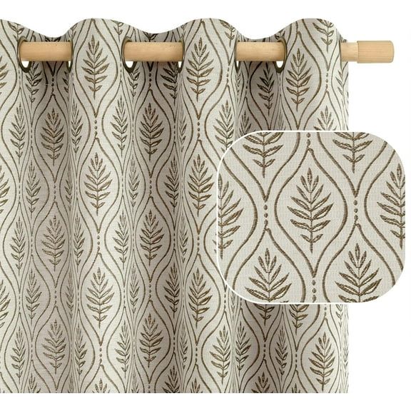 Brown Leaf Jacquard Curtains for Living Room, French Country Botanical Pattern Semi-Sheer Linen Drapes, Floor Length, 2 Panels, 52" x 96"
