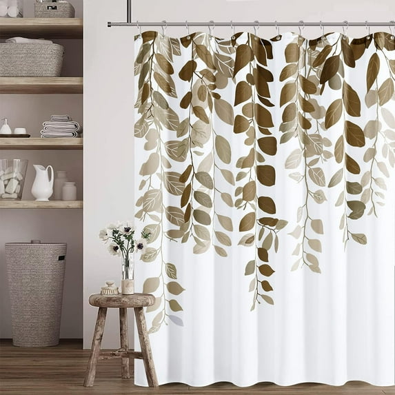 Brown Leaf Shower Curtain Watercolor Plant Leaves with Floral Eucalyptus Bathroom Shower Curtain Set Decorative Chocolate Fabric Bath Curtain Modern Botanical Country Bathroom Decor 72x72