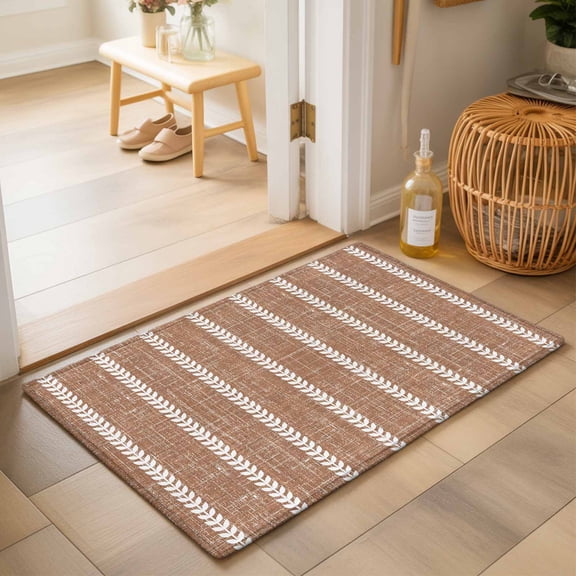 Brown Leaf Striped 2'x3' Small Rugs for Entryway Front Door Kitchen Sink Area, Industrial Khaki Linen Texture White Stripes Soft Sturdy Mats Washable Non Slip Rectangle Area Rug