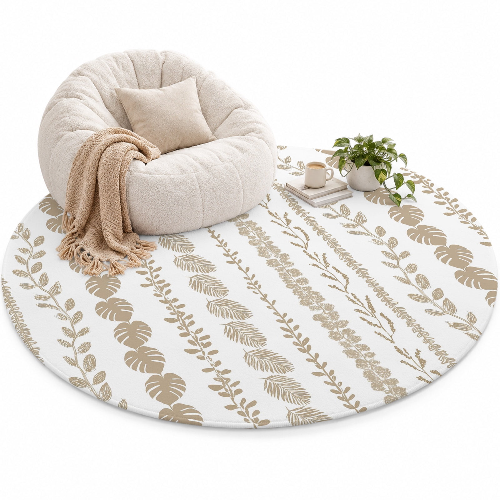 Brown Leaf Striped Area Rug 6', Summer Botanical Vertical Natural ...