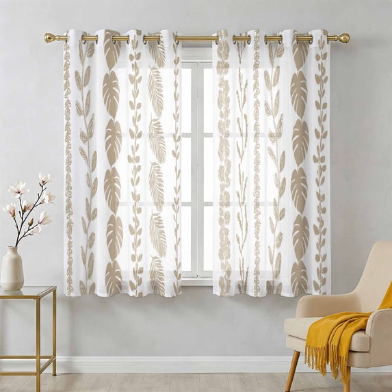 Brown Leaf Striped Sheer Curtains 54 Inch Long 2 Panels, Summer ...