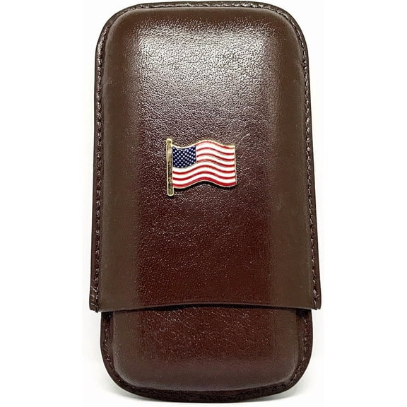 Brown Leather 3-Finger Cigar Case (US Flag)