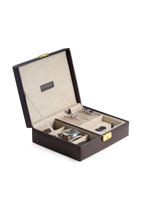 Brown Leather 4 Watch Case & Valet with Removable Tray and Locking Clasp. Velour Lined.