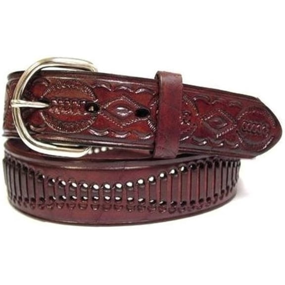 Brown Leather Belt  Tooled Braided Wavy Design | Western Cowboy Biker Style