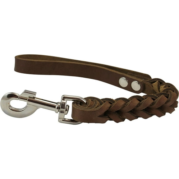 Brown Leather Braided Dog Short Traffic Leash 12' Long 4-thong Square Braid for Large Breeds