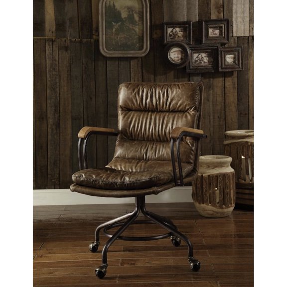 Brown Leather Chair with 4-Star Metal Base/Sturdy and Durable for Office