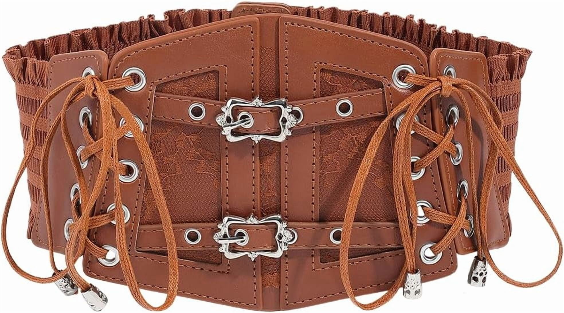 Vintage Wide Brown Leather Waist Belt with Covered Buckle Vintage Brown Leather Waist Belt: Antique Brass Buckle, Wide  main image 4
