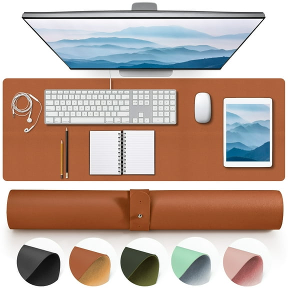 Brown Leather Desk Mat, Non-Slip Large Computer Desk Pad Protector, Waterproof Office Desk Mouse Pad Blotter for Desktop Keyboard Gaming Home Decor (31.4" x 15.7")