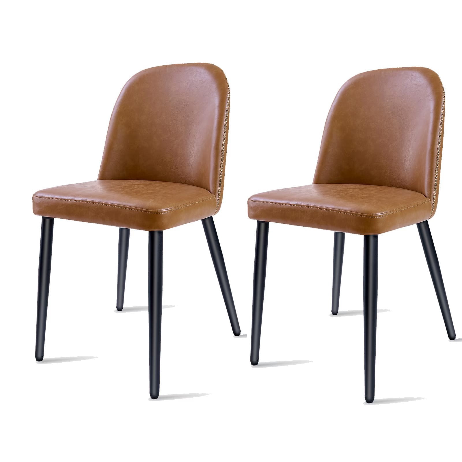 Brown Leather Dining Chairs Set of 2, Modern Upholstered Armless Kitchen Chairs with Metal Legs, Ergonomic Side Chairs for Dining Room, Restaurant, Living Room & Meeting Room