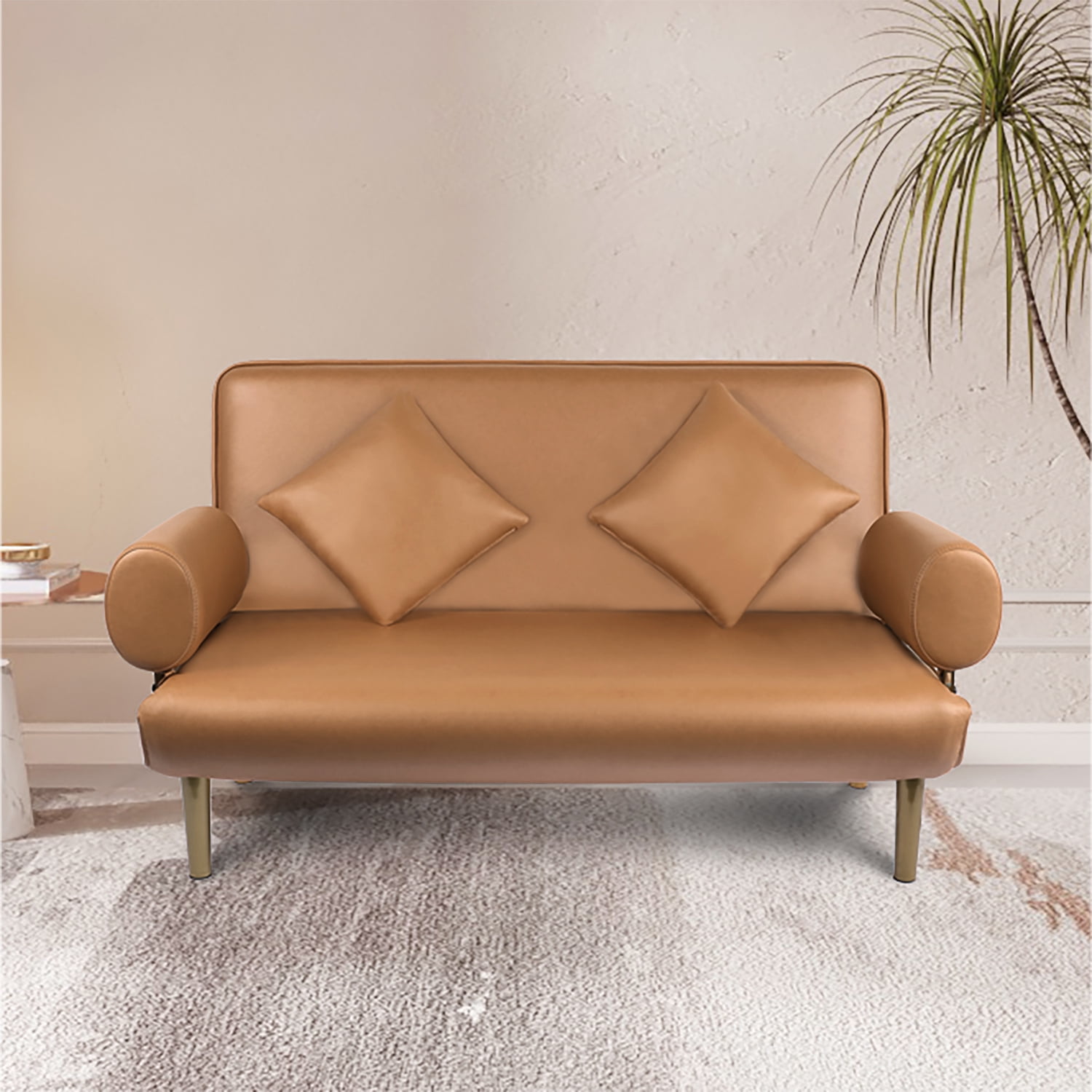 Brown Leather Futon Sofa Bed, Convertible Couch Loveseat, Elegant Design with Tapered Legs
