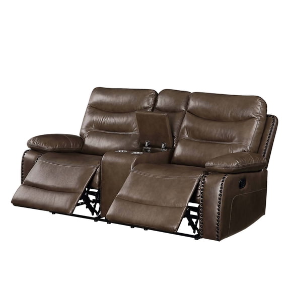 Brown Leather-GEL Motion Loveseat Recliner with Console and Cup Holders, Faux Leather Reclining Sofa for Living Room