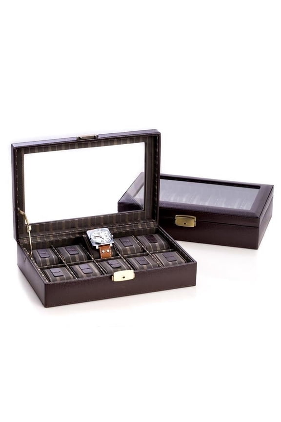 Brown Leather Glass Lid Fabric-Lined Locking 10-Watch Case GM8753