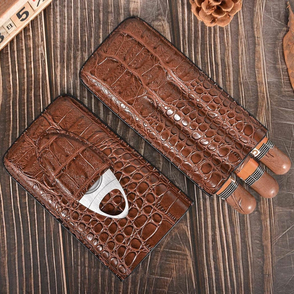 Brown Leather Holder 3 Tube Travel Cigar Case Boxes Cedar Humidor With Cutter