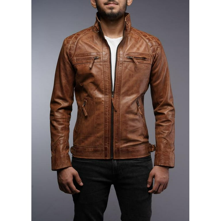 Brown Leather Jacket For Men Genuine Leather Jacket Multiple Sizes Comfortable Inner Lining Functional Design With Zipper Closure and Multiple Pockets Stylish and Traditional Outlook Walmart