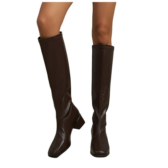 Brown Leather Knee High Boots Womens Fashion Square Toe Wide Calf Tall Riding Booties Chunky Mid Heel Fall Boots