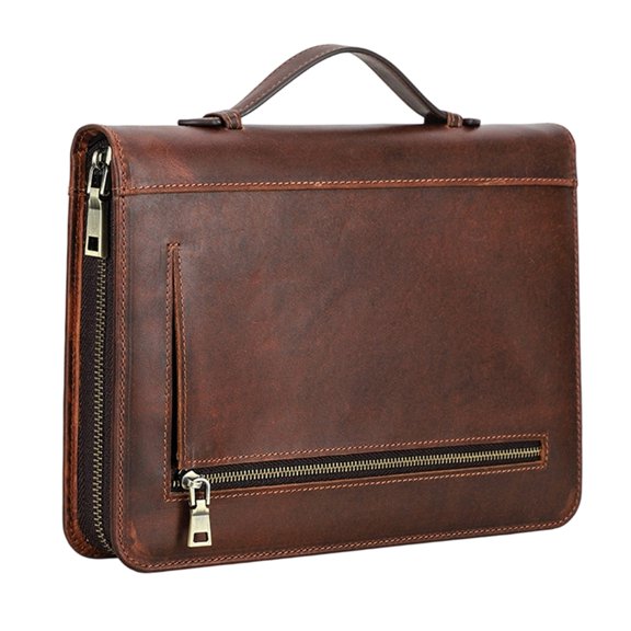Brown Leather Notebook Case with Front Compartment, Pen Loop and Wraparound Closure, Carry Strap Cover for Journal Writing and Daily Commute