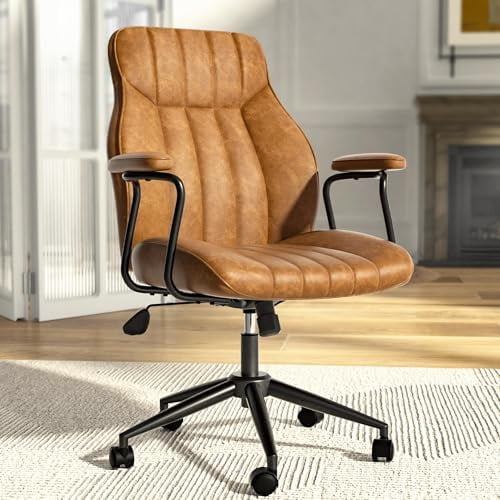 Brown Leather Office Desk Chair | Mid Century Modern Style With Wheels & Arms | Height Adjustable & Reclining Vintage Chair