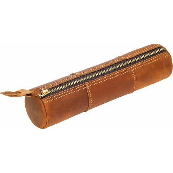 Brown Leather Pencil Case Vintage Pen Bag for Adults Cylindrical Zipper Pencil Pouch Stationery Organizer Case for Work & Travel (8.07"L×2.05'W×2.05"H)