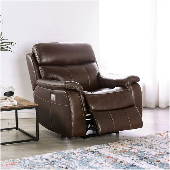 Brown Leather Power Recliner Chair with Wall Hugger Design, Power Headrest and Footrest, Solid Wood Frame, Transitional Style for Living Room