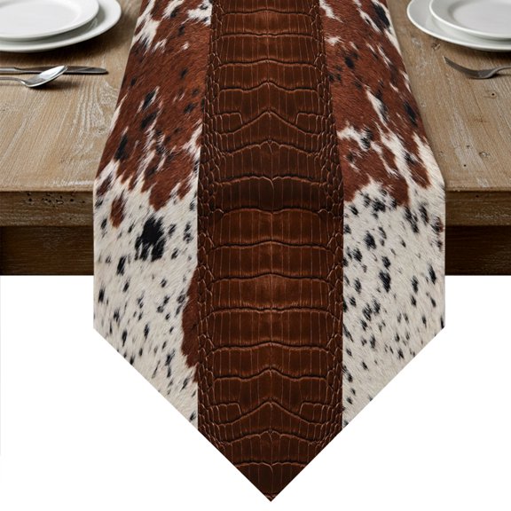 Brown Leather Print Table Runner Linen Burlap Table Runner 36 Inches Small Modern Art Animals Leather Pattern Dresser Scarves for Kitchen Island Coffee Dining Room Party Holiday Decoration 13"x36"