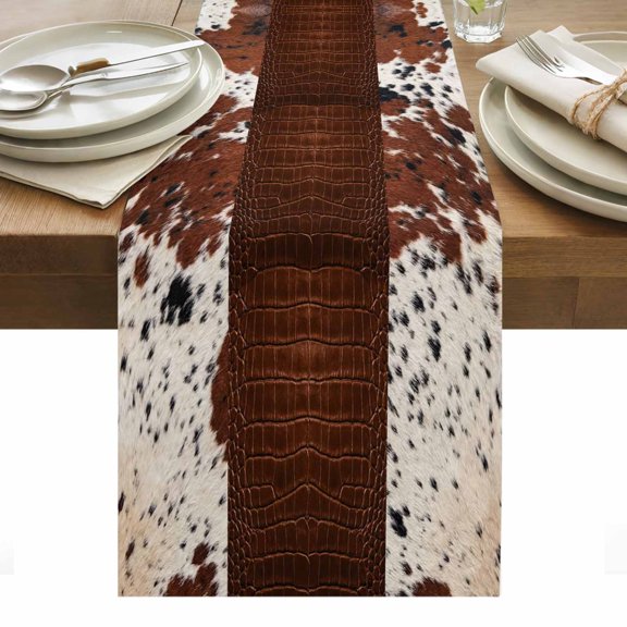 Brown Leather Print Table Runner Modern Art Animals Leather Pattern Tablerunners 13 x 36 Inch, Table Decorations Tabletop Scarf for Summer Gathering Holiday Farmhouse Kitchen Dining Decor