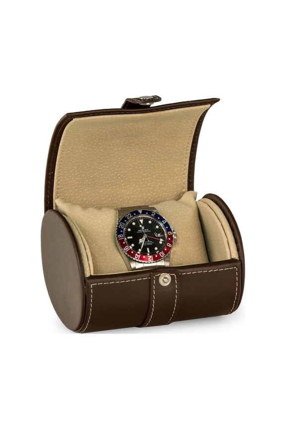 Brown Leather Single Watch Travel Case with Snap Closure