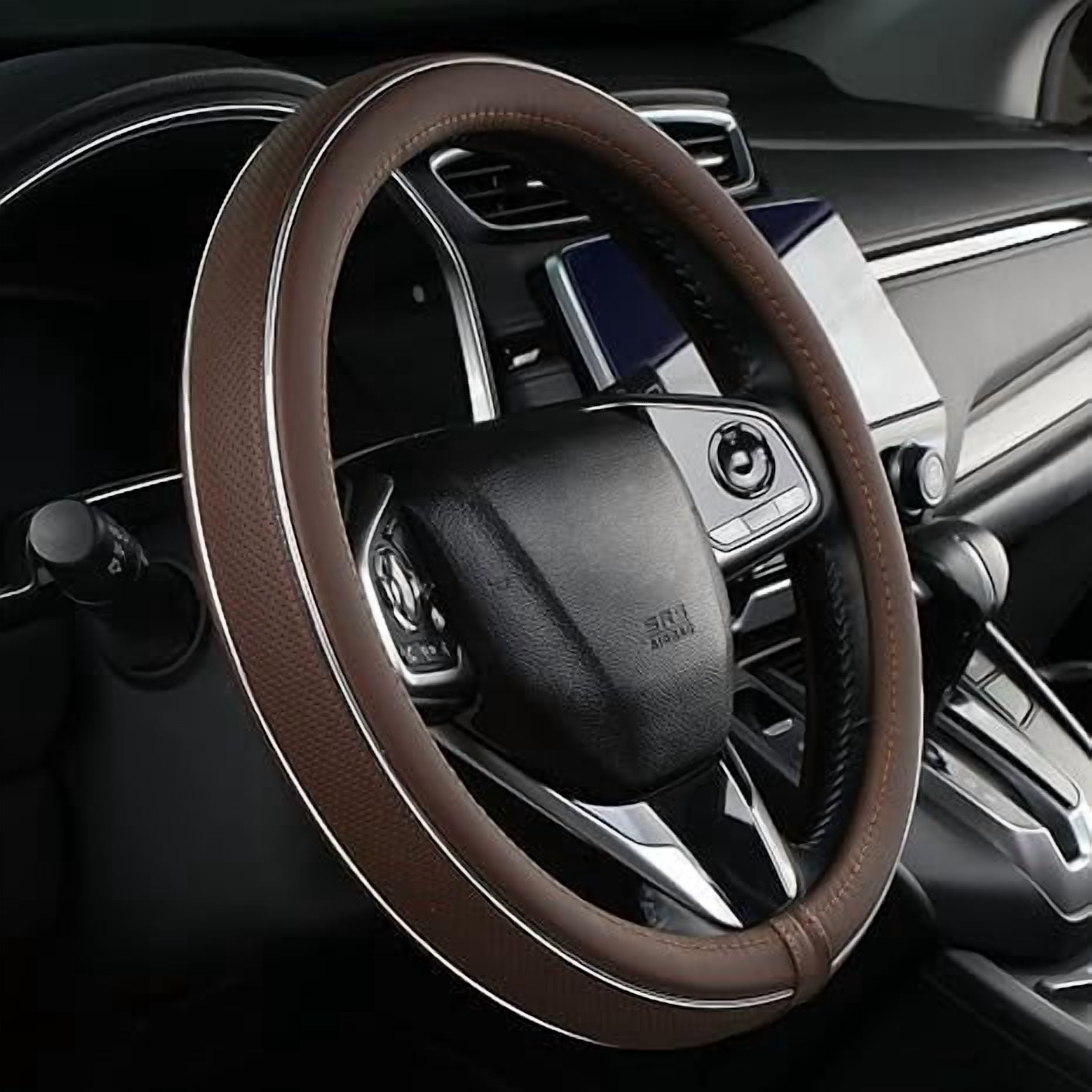 Brown Leather Steering Wheel Cover Fiber Strip Car Steering Wheel Cover Universal 15 inch for Men