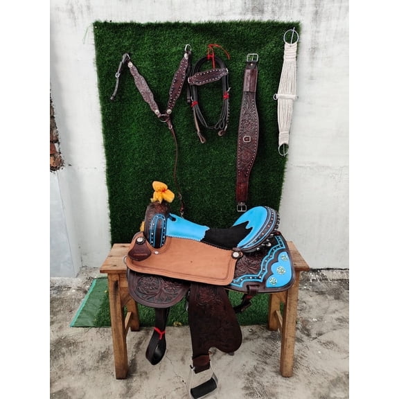 Brown Leather Western Barrel Horse Saddle Suede Seat Turquoise Paint Crystal Floral Tooled